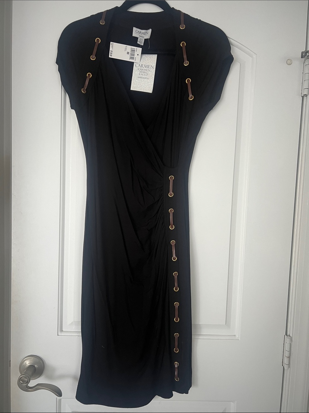 Carmen Marc Valvo Black Midi Wrap Dress with Gold Grommet Accents